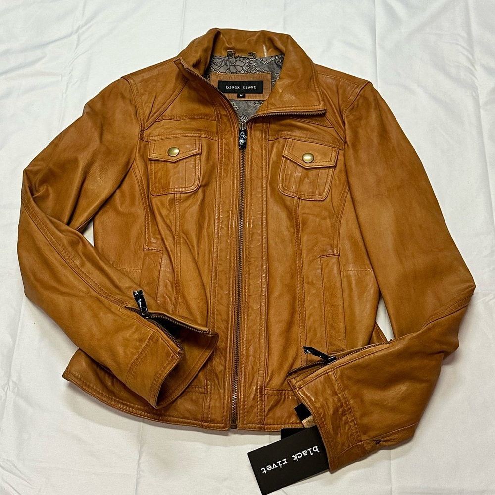 Black Rivet Cognac Tailored Leather Jacket | Pockets | Collar Ladies Size M NWT - Picture 5 of 15